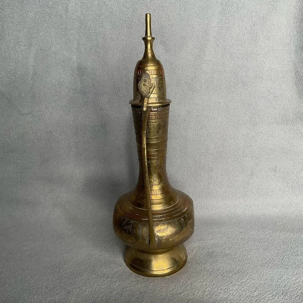 Solid Brass Mini India Tea Pot Pitcher Genie Lamp Etched Vtg  Handle Hinged Lid‎